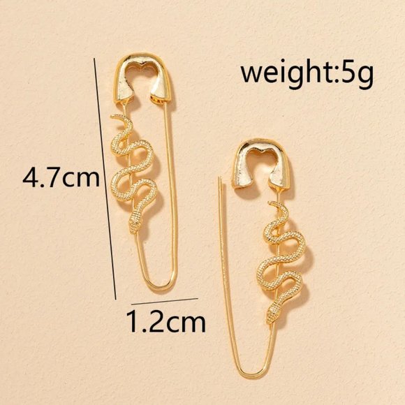 Gold Snake Safety Pin Earrings NEW - Picture 4 of 5